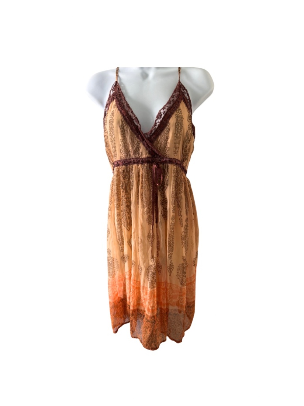 Y2K Funky People Cream & Orange Midi Boho Dress Tie Front Size L Bohemian Fairy